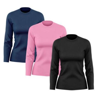 Imagem de Kit 3 Camisetas Feminina Manga Longa Dry Fit Básica Lisa Proteção Sola