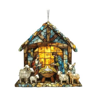 Imagem de Apanhador De Sol 2D Artesanal Em Acrílico Vitral Com Cena De Presépio,