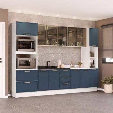 Imagem de Cozinha Completa Amara 13 Portas 4 Gavetas com Vidro 40250776 Azul/Branco - Politorno