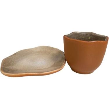 Imagem de Xícara de chá c/ pires de cerâmica orgânica marrom neblina - haifa col