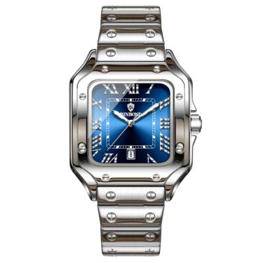 Imagem de Relógio de Pulso Masculino Quartzo Analógico Ponteiro Luminoso à Prova D'água Pulseira Aço Inox Azul Prata Binbond