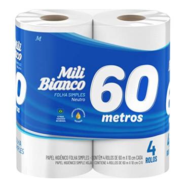 Imagem de Mili Bianco Papel Higiênico 60m Folha SIMPLES Neutro - 4 rolos