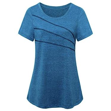 Imagem de Camiseta feminina manga curta yoga top de secagem rápida corrida treino esportes roupa ativa(M)(Azul escuro)