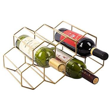 Imagem de Suporte de garrafa de vinho de metal para colmeia de vinho, suporte de vinho nórdico, acessórios para casa, decoração de armário de vinho 7 grades de ferro para vinho empilhável (cor: ouro)