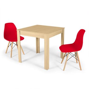 Imagem de Conjunto Mesa de Jantar Quadrada Sofia Natural 80x80cm com 2 Cadeiras Eames Eiffel - Vermelho