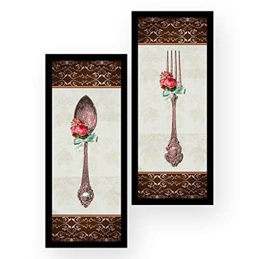 Imagem de Kit 2 Quadros Decorativos 19x45 cm cada com MOLDURA Talheres Vintage Rosa Decoração Cozinha Gourmet