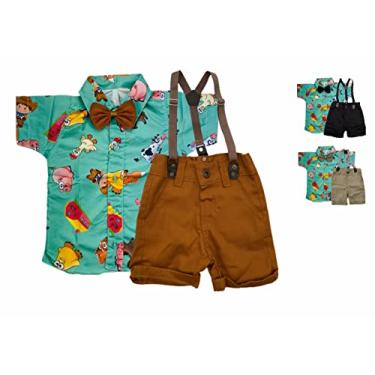 Imagem de Fazendinha Kit Roupa Conjunto Infantil Menino 4 Peças Camisa Gravata Bermuda e Suspensório Aniversário Mesversário (1 ano, Bege)
