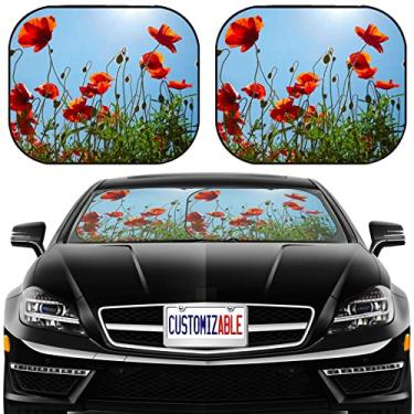 Imagem de MSD Protetor solar para carro, para-brisa, para-sol, para-sol universal, pacote com 2, bloqueia o brilho do sol, UV e calor, protege o interior do carro, ID da imagem: 19689320 Poppies no fundo do céu azul