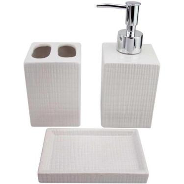 Imagem de Kit Para Banheiro Em Relevo Quadrado 3 Peças Cerâmica Branco - Toda Ca