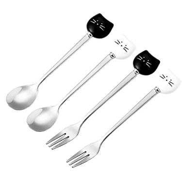 Imagem de Conjunto de colher e garfo de café fofo, colher de sobremesa de aço inoxidável de cerâmica para gatos, colheres de bebidas, garfo de frutas (14,5 cm, branco e preto (conjunto de colher + garfo A))
