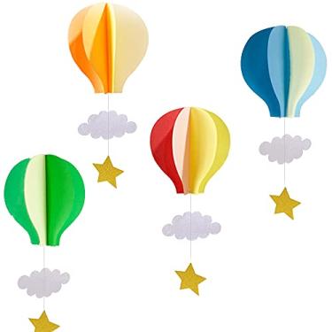 Imagem de Colorful Hot Air Balloon Hanging Paper Decoration（4pack）- Large Hot Air Balloon with Clouds Stars Hanging Paper Garland Party Streamers for Kids Bedroom Decor, Wedding Birthday Party Supplies