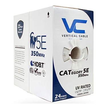 Imagem de Cabo vertical Cat5e, 350 Mhz, UTP, jaqueta UV, ar livre, CMX, 1000 pés, branco, cabo de Ethernet a granel