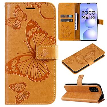 Imagem de Capas de telefone borboleta em relevo compatíveis com Xiaomi Poco M4 5G M5 4G Capa de couro de luxo slots para cartão de visita clipe de carteira à prova de choque (amarelo, Xiaomi Poco M5 4G)