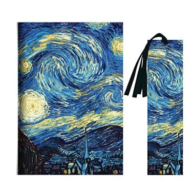 Imagem de Caderno A5 flexível costurado 30 fls + Marcador de página com fitinha Noite Estrelada de Van Gogh (presente, escola, anotações, caderneta)