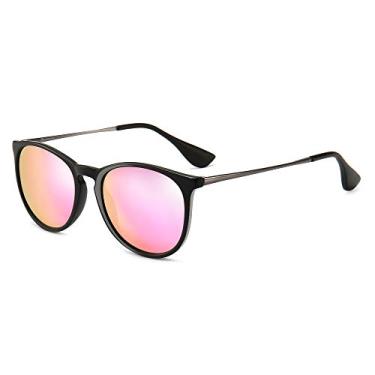 Imagem de SUNGAIT Óculos de sol redondos vintage premium para mulheres e homens, estilo clássico retrô moderno, 10 lentes polarizadas Sakura rosa/armação preta (acabamento brilhante), free size