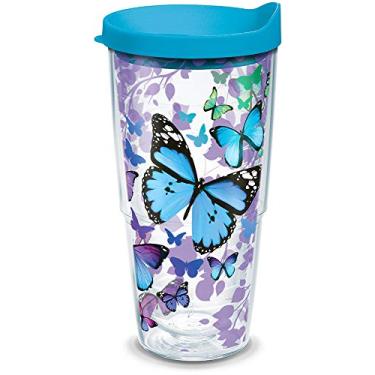 Imagem de Tervis Copo de viagem com isolamento térmico de parede dupla Blue Endless Butterfly Made in USA mantém as bebidas frias e quentes, 680 g, clássico