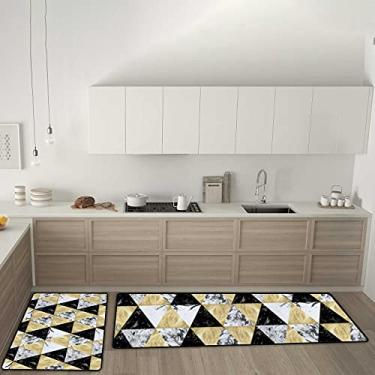 Imagem de Tapete de cozinha dourado triângulos pretos mármore antiderrapante conjunto de 2 tapetes de cozinha, tapete confortável antifadiga para sala de jantar, lavanderia, escritório