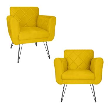 Imagem de Kit 2 Poltronas Decorativas Para Quarto Closet Pés de Ferro Isabella Suede Amarelo - LM DECOR