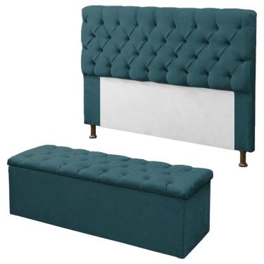 Imagem de Kit Cabeceira + Calçadeira Baú Mirage Casal 140cm Azul Turquesa - LM DECOR