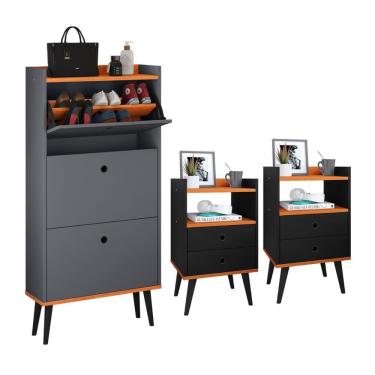 Imagem de Kit Sapateira Vertical 3 Gavetas Basculantes Dark Cinza/Cinamomo e 2 Mesinhas Canto Quarto Nicho Decorativo Dream Preto/Cinamomo RPM