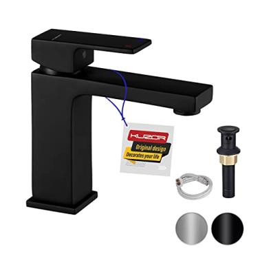 Imagem de KUZOR Torneiras de banheiro preto fosco, latão sólido furo único 1 alça torneira de pia de banheiro com ralo pop up de metal, torneira quadrada moderna para pia do banheiro