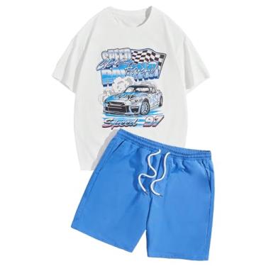 Imagem de Floerns Conjunto de 2 peças de camiseta masculina com cordão e cintura, Carro de rua branco azul, XXG