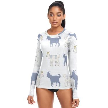 Imagem de KLL French Farmhouse Goat Camiseta feminina de natação, camisas de surfe Rash Guard de manga comprida atlética, Cabra de fazenda francesa, G