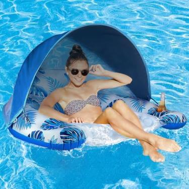 Imagem de Boia de piscina COOLCOOLDEE com cobertura, porta-copos - Boia de espreguiçadeira para cadeira de piscina XL com capa de proteção solar ajustável, porta-copos, apoio de cabeça ergonômico, boia de