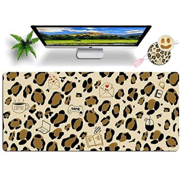 Imagem de Leopard Glitter Mouse Pad Large with Coaster, 35.4"x15.7" Full Desk Mousepad Stitched Edges Non Slip Base Desk Pad Extended Large Gaming XXL Mouse Pad for Desk Office Home