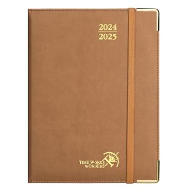 Imagem de POPRUN Agenda semanal 2024-2025 (15 x 21 cm) Calendário acadêmico diário semanal e mensal com abas mensais e horários horários, capa dura de couro vegano, papel 100 grosso GSM - marrom