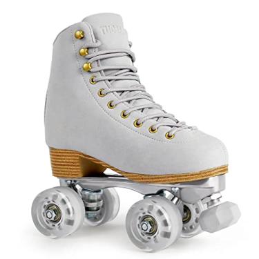 Imagem de Patins para mulheres ou homens com rolhas de borracha ajustáveis de altura retrô de camurça quadriciclo patins para uso externo e interno