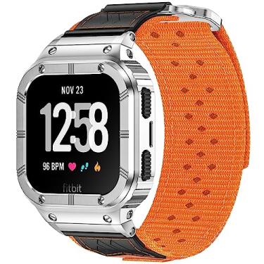 Imagem de MioHHR Pulseira compatível com Fitbit Versa 4 3 2 1 /Fitbit Versa Lite/Fitbit Sense/Sense 2 pulseiras com caixa de aço inoxidável, pulseira resistente de nylon respirável esportiva de substituição