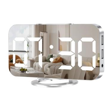 Imagem de Muoigoe Despertador digital, visor grande LED e relógio de mesa espelhado com duas portas de carregador USB, 3 níveis de brilho, despertador 12/24H, relógio eletrônico moderno para quarto, sala de
