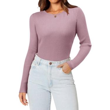 Imagem de ONLYSHE Camisetas femininas casuais gola redonda suéter de malha canelada slim fit sólido básico feminino pulôver feminino outono tops de manga longa, A - cinza violeta, GG