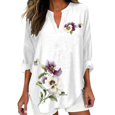 Imagem de Camiseta feminina de conscientização de Alzheimers camiseta de linho floral roxa gola Henley blusa solta manga 3/4, #06 - Branco, GG