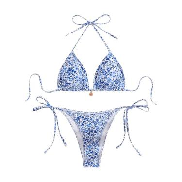 Imagem de WDIRARA Biquíni feminino com estampa floral, 2 peças, geométrico, frente única, triângulo, conjunto de biquíni de praia, Floral azul, GG