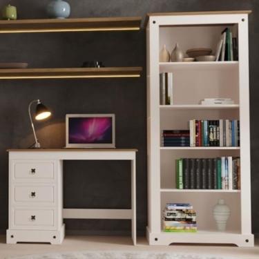 Imagem de Escrivaninha 3 Gavetas com Tampo em Madeira Maciça e Estante Alta 182x81cm Smile Creme/carvalho