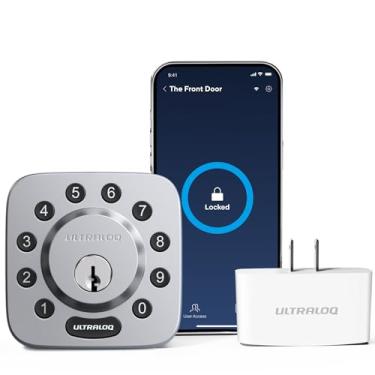 Imagem de ULTRALOQ Fechadura Inteligente U-Bolt + Adaptador WiFi, Fechadura Porta de Entrada Sem Chave 5 em 1 com WiFi, Bluetooth e Teclado, Fechadura Externa IP65 À Prova D'água, Níquel Acetinado