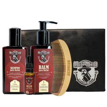 Imagem de Kit Shampoo Para Barba + Balm Para Barba + Oleo Para Barba - Muchacho Classic Frasco + Pente De Madeira Muchacho Curvo