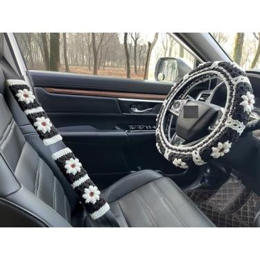 Imagem de YDMZZB Capa de volante de crochê margarida, linda capa de cinto de segurança, acessórios femininos para carro (capa de roda preta + 2 capas de cinto)