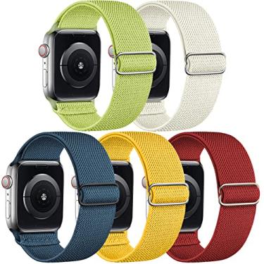 Imagem de Pacote com 5 pulseiras de nylon elástico compatível com Apple Watch SE Ultra 2 1, séries 10, 9, 8, 7, 6, 5, 4, 3, 2 e 1 de 40 mm, 41 mm, 42 mm, 44 mm, 45 mm, 46 mm, 49 mm, 4, 3, 2 e 1 de 40 mm, 40 mm,