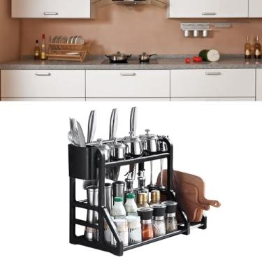 Imagem de Rack de Armazenamento de Cozinha Prateleira de Canto Móvel Rack de Especiarias Camadas Duplas Suporte de Faca Multifuncional (Preto)