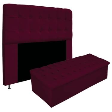 Imagem de Kit Cabeceira Estofada Mel Cama Box Queen 160 cm mais Calçadeira Baú Mel com Capitonê Suede Bordô para Quarto - AM Decor