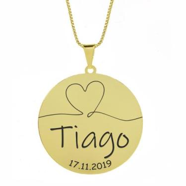 Imagem de Gargantilha Pingente Redondo Personalizado Coração Nome Tiago Banhado 