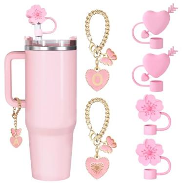 Imagem de (2+2+2) 2 peças capa de palha de flor 10 mm para copo Stanley Tumbler 2 peças de tampa de palha reutilizável de coração com 2 pingentes de letras acessórios nome ID pingente personalizado para Stanley