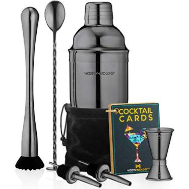 Imagem de Conjunto de coqueteleira para bebidas // Kit de barista portátil de 8 peças com conjunto de ferramentas de barra de martini de 680 g // 2 dosadores // Muddler // Jigger // Colher de mistura // Saco de veludo // Coador embutido (preto)