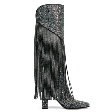 Imagem de Ouepiano Botas femininas de caubói com franja e strass, estilo caubói, bico fino, bloco de salto alto com zíper, botas de cano alto para meninas, festas, encontros, Strass, 9