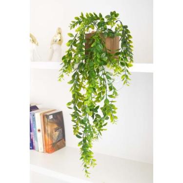 Imagem de Vaso de Madeira para Prateleira com Planta Artificial Caída Pendente -