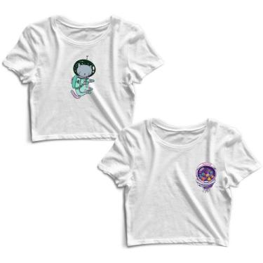 Imagem de Kit 2 Blusas Cropped Tshirt Feminina Gato Astronauta e Capacete Espaci