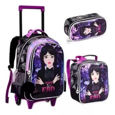 Imagem de Kit Mochila De Rodinha Infantil Feminina Escolar Wandinha - Denlex